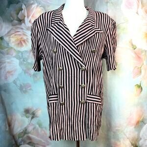 Vintage 90s Stuart Alan Petites Vertical Tan & Black Striped Button Up Blazer